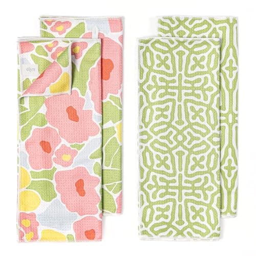 ELYN Microfiber Kitchen Dish Towel Set, Quick-Dry & Absorbent Waffle Weave Cleaning Towels, Set of 4 Kitchen Towels, Paper Towels Alternative (Bold Floral & Geo)