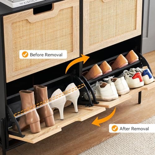 IDEALHOUSE Natural Rattan 4 Flip Door Shoe Cabinet Organizer Freestanding, Modern Shoe Rack Storage Organizer with 3-Tier Adjustable Shelves for Entryway, Closet, Hallway 5