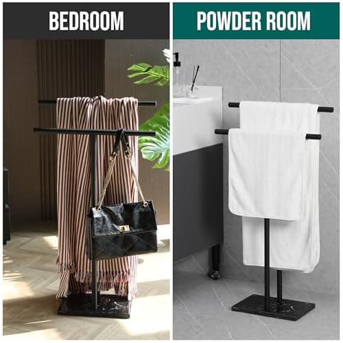 WISATO - Free Standing Towel Rack for Bathroom - Matte Black Finish - Stand Alone 2 Tier Stainless Steel Towel Rack for Bathroom Floor with Heavy Marble Base - Double T Shape Drying Stand for Towels 5