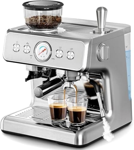 Kismile Espresso Machine with Grinder, 15 Bar Automatic Espresso Maker with Milk Frother Steam Wand, Removable Water Tank for Latte & Cappuccino, Professional Coffee Machine for Home (Stainless Steel)