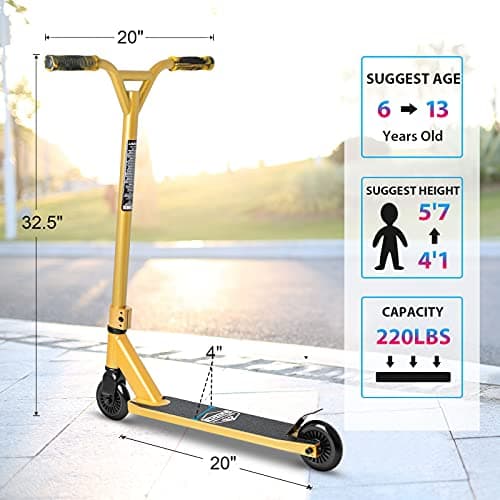 VOKUL Gold Pro Stunt Scooter - Entry Level Tricks Freestyle Pro Scooter for Age 6 Up Kids,Boys,Girls - Reinforced 20" L4.1 W Deck(Gold) 6