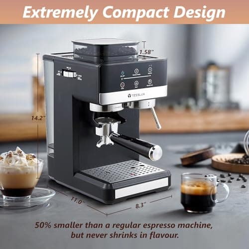 tesslux Espresso Machine with Grinder, 20 Bar Compact Espresso Maker with Milk Frother Steam Wand, Professional Coffee Machine for Home, Touch Control, Cappuccino & Latte Maker 7