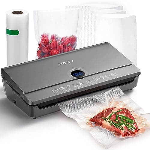 HiCOZY Vacuum Sealer Machine, Food Vacuum Sealer with Built-in Cutter and Bag Storage, Sealer Machine for Sous Vide and Food Storage with 10 BPA Free Vacuum Sealer Bag, 1 Roller Bag, Gray