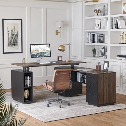 FEZIBO 63" L Shaped Standing Desk with Storage, Executive Height Adjustable Table, Deep Wood Grainy 6