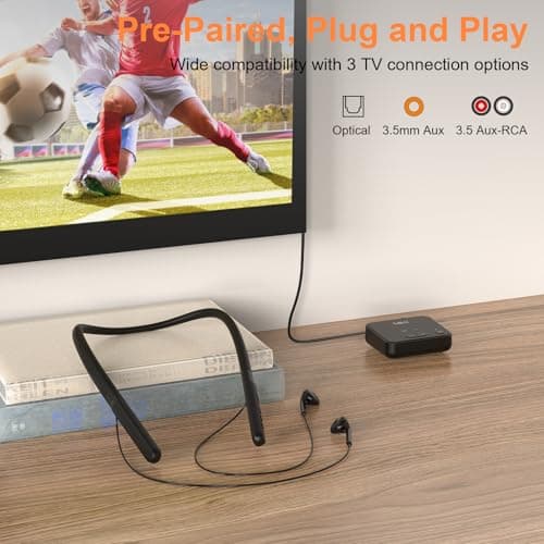1Mii Wireless Headphones for TV, Wireless Neckband Earbuds for TV Watching for Seniors with Transmitter, No Audio Delay, Auto-Pair, Plug n Play, 3,5mm AUX/RCA/Optical,Lightweight and Comfortable 5