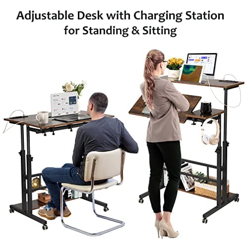 Hadulcet Mobile Standing Desk Adjustable Height, Rolling Desk Stand Up Desk, Mobile Laptop Desk, Rolling Computer Desk with Charging Station, Portable Desk with Wheels, Rustic Brown 7