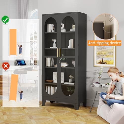 PAOFIN 71" H Locking Display Cabinet with Glass Door, Metal Curio Cabinets with 4 Adjustable Shelves, Tall Liquor Cabinet Display Case for Living Room, Collectibles, Home - Assembly Required Black 8