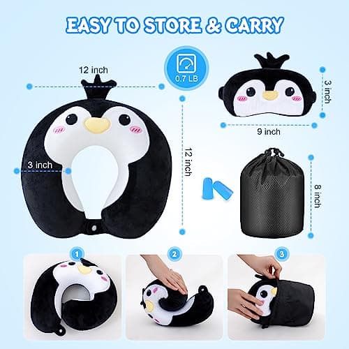 Cirorld Travel Pillow for Kids Adult Cute Neck Pillow for Traveling Memory Foam Airplane Pillow Sleep Mask Animal Flight Pillow Head Rest Neck Support for Cars Long Flights (Penguin, 9-12 Y/O) 8