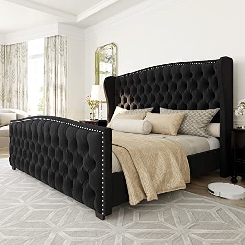 AMERLIFE Queen Size Platform Bed Frame, Velvet Upholstered Bed with Deep Button Tufted & Nailhead Trim Wingback Headboard/No Box Spring Needed/Black