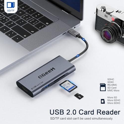 USB C Hub, QGeeM USB 4k to HDMI Adapter, 7 in 1 USB-C Dongle with 100W PD,USB 3.0, Card Reader, Compatible for MacBook iPhone 15/17 Ipad Pro max,Chromebook Laptop USB Type C Dock-Grey 7