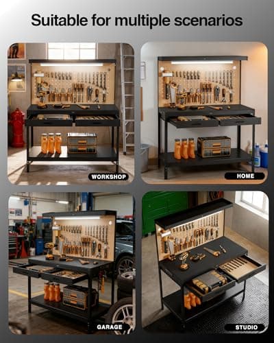 Pterying Work Benches for Garage, Heavy Duty Workbench with Drawers, Lights, Pegboard & 12 Hooks,60OLBS Capacity, Suitable for Tool Organizers and Storage, for Garage, Workshop, Basement,Garden 8