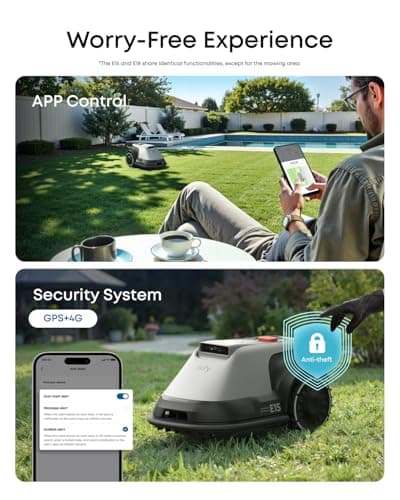 eufy Robot Lawn Mower E15, Hands-Free Auto Mapping, Pure Vision Navigation, No Wire Required, Multi-Zone Management, AI 3D Obstacle Avoidance, GPS Anti-Theft, 0.2 Acres, 18° Slope, App Control 9