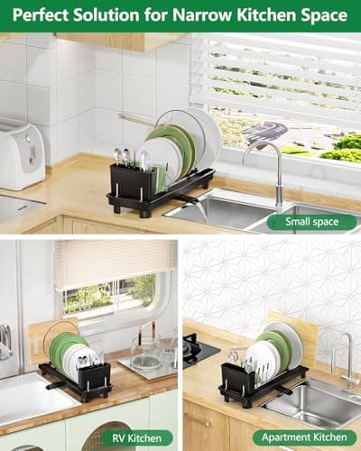 CosyPic Small Dish Drying Rack, Compact Dish Rack for Kitchen Counter, Space Saving Plate Rack, Dish Strainer with Cutlery Holder, Black 6