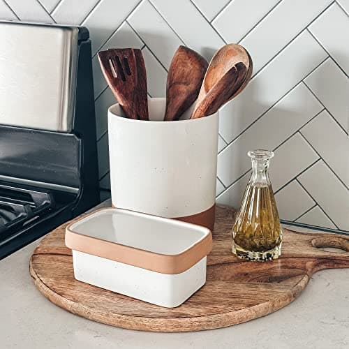 Mora Ceramic Two-in-One Butter Dish with Lid, Covered Butter Crock Container to Leave on Countertop - Large Storage Keeper/Holder for Kitchen, Gifts for Her, Butter Tray For Counter - Vanilla White 6