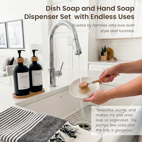 MaisoNovo Glass Dish Soap Dispenser for Kitchen Set of 2-16.9oz Dish and Hand Soap Dispenser Set for Kitchen - Black Glass Bottles x 2 with Black Bamboo Pumps & Tray 6