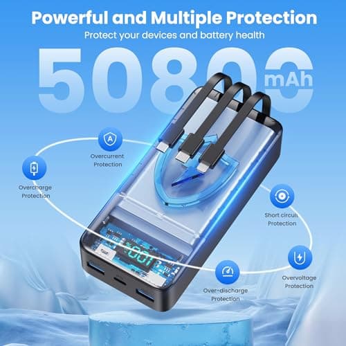 Portable Charger 50800mAh Power Bank with 3 Built in Cables,25W PD QC4.0 Fast Charging USB C Battery Pack,6 Outputs 2 Inputs Travel Essentials Portable Phone Charger for iPhone 17/16/15,Google,Android 6