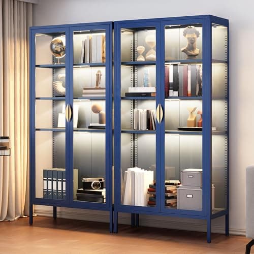 YITAHOME Display Cabinet with Glass Doors and Lights, 71" Storage Cabinet with 4-Tier Adjustable Shelves ＆ Magnetic Suction Design, Collectibles Organizers Rack & Display Shelf for Living Room, Blue 9