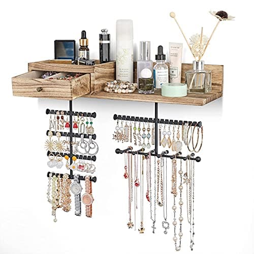 VINAEMO Jewelry Organizer Hanging Wall Mounted Jewelry Holder with Rustic Wood Drawer & Large Capacity Storage Shelf Rack Display for Earrings Rings Necklaces Bracelet 9