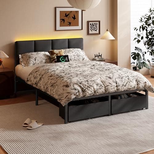 Furnulem Full Size Bed Frame with Headboard, Upholstered Full Bed Frame with LED Light, USB Charging Station, Platform Bedframe with 2 Fabric Underbed Storage Drawers, No Spring Box Needed 6