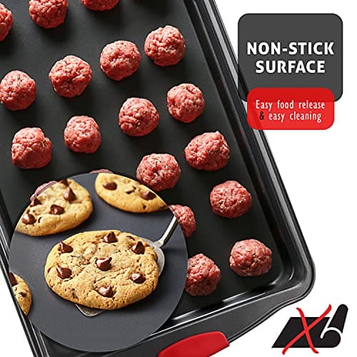 JOYTABLE Baking Sheet, 2PC Cookie Sheet Set with Silicone Handles, Nonstick Steel Baking Pan, Baking Sheets for Oven, BPA Free Baking Pans Set, Cookie Sheets– Black Bakeware, Small & Medium 5