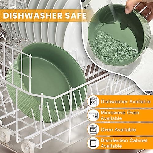 Ptlom Ceramic Pet Bowls for Dog and Cat, No Spill Dog Food and Water Bowl Set with Anti-Slip Wooden Stand, Riased Puppy Feeding Dishes Suitable for Small, Medium and Large Cats Dogs, Green 28 OZ 7