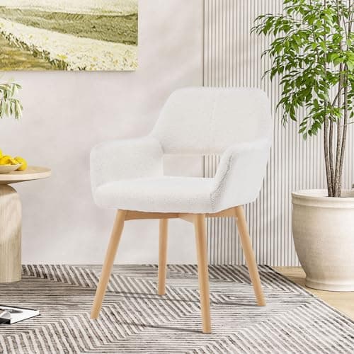 YEEFY Desk Chair No Wheels Vanity Chair Makeup Chair Comfy Accent Chair for Living Dining Room Bedroom Home Office Mid Century Modern Upholstered Armchair Sofa with Wood Legs (Wool White, 1)