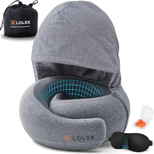 LOLEX™ Hooded Pro Travel Pillow - Memory Foam Neck Support Pillow for Airplane, Flight - Super-Soft Pure Cotton Fabric, Maximum Privacy & Light-Block Design, Lightweight Full Travel Kit - Light Grey