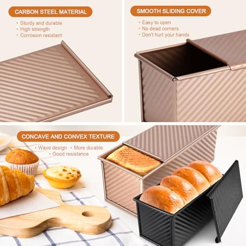 Dipanist 2Pack Pullman Loaf Pans with Lids – 2.2 LB & 1 LB Dough Capacity, Non-Stick Carbon Steel Bread Pans for Homemade Sandwich and Sourdough Bread, Corrugated Toast Mold 5