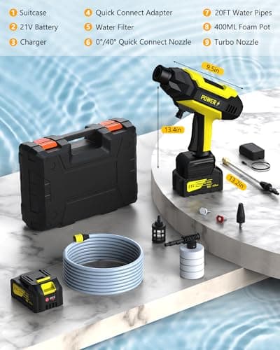 DECOKTOOL Cordless Pressure Washer, Portable Pressure Washer Battery Powered Max 950PSI, 1.2GPM with 1 * 21V 4.0Ah Rechargeable Battery, 20FT Drain Hose, Electric Power Washer for Car, Floor, Yellow 5