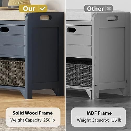 LOVMOR 32" Storage Bench with Removable Basket and 2 Drawers, Navy Wooden Entryway Bench with 250 lbs Weight Capacity 9