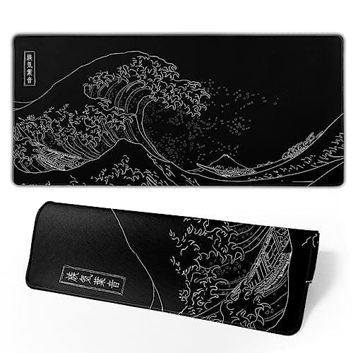 Japanese Gaming Mouse Pad Black Mouse Pad Kanagawa Large Mousepad Non-Slip Rubber Base Waterproof with Stitched Edges for Gaming Office Home, 31.5x11.8 Inch (Black Wave)