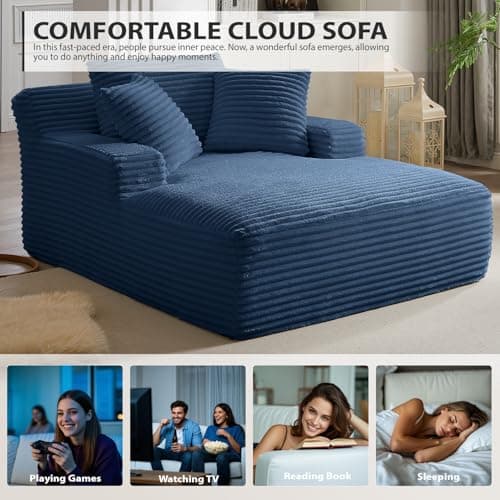 50 Inches Chaise Lounge Indoor, Oversized Chaise Lounge Chair with 3 Throw Pillows and Armrests, Corduroy Upholstered Plush Sofa Bed Lazy Chair Bed Sleeper Chair for Living Room Apartment (Blue) 7