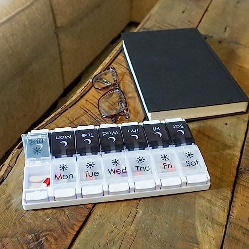 EZY DOSE Push Button (7-Day) Pill Case, Medicine Planner, Vitamin Organizer, 2 Times a Day AM/PM, Removable Trays, Large Compartments, Arthritis Friendly, Spring Open Black and White Lids, BPA Free 7