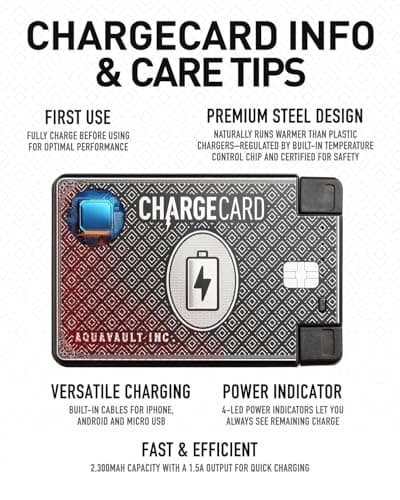 AquaVault ChargeCard – Ultra Slim Emergency Power Bank (2300mAh) – Fits in Wallet – USB-C & Micro-USB – Durable Steel Body – Flight-Safe for iPhone 12-17 & Android - Black 6