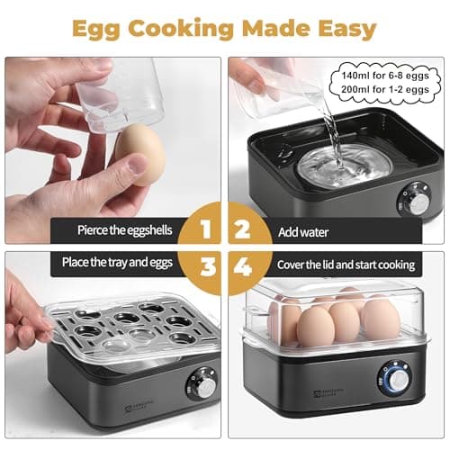 Annie & Mia Design Stainless Steel Electric Rapid Egg Cooker, 8 Egg Capacity 500W, Soft/Medium/Hard Boiled Egg Boiler Poacher Steamer Omelet Maker, Knob Auto Shut-Off, with Recipe Guide Book (Black) 5