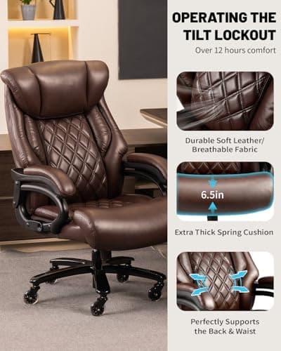 800lbs Executive Chairs, Executive Office Chairs for Big and Tall with Adjustable Lumbar Support, Office Chair for Heavy People, Leather Desk Chairs with Quiet Rubber Wheel and Extra Wide seat 7