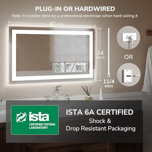 USHOWER LED Bathroom Mirror 40x24 Inch Tempered Glass - Frameless LED Backlit Lighted Mirror for Bathroom Vanity with Anti-Fog, 3 Colors Dimmable, Memory Function, Wall-Mounted 7