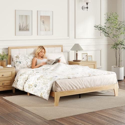 HOMCOM Queen Size Bed Frame with Upholstered Headboard, Platform Bed Frame with Wooden Slats, No Box Spring Needed, Easy Assembly, Natural 6