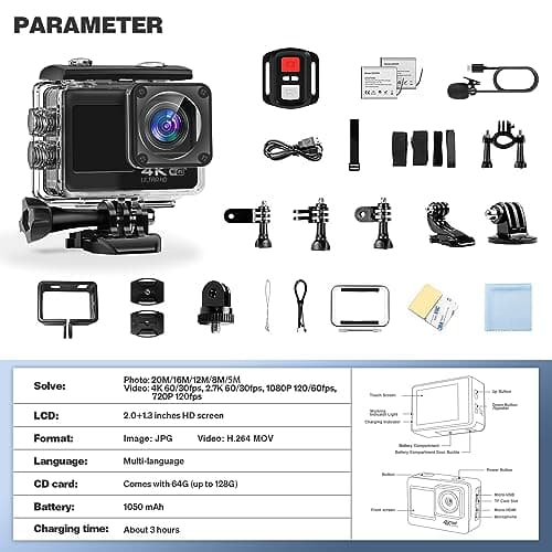 4K Action Camera, Sports Video Camera WiFi with Touch Screen Dual Screen 131FT Underwater Camera Waterproof, EIS 2.0, 170° Wide Angle, Zoom, 2 Batteries and Accessory Kits for Vlog 8