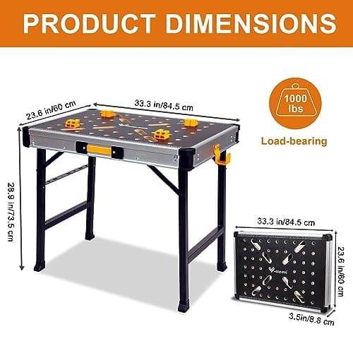 WORKESS Portable Workbench 1000Lbs Capacity Heavy Duty Folding Work Table with 2 Quick Clamps, 4 Bench Dogs, 3 Tool Boxes for Garage Easy Storage 6