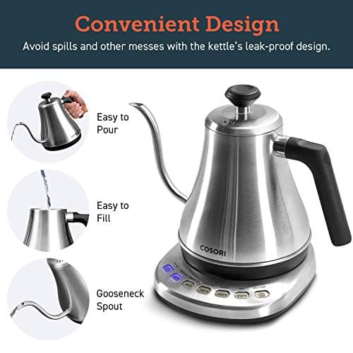 COSORI Gooseneck Electric Kettle with 5 Variable Presets, Pour Over & Coffee maker, 100% Stainless Steel Inner Lid & Bottom, 1200 Watt Quick Heating, 0.8L, Silver 6