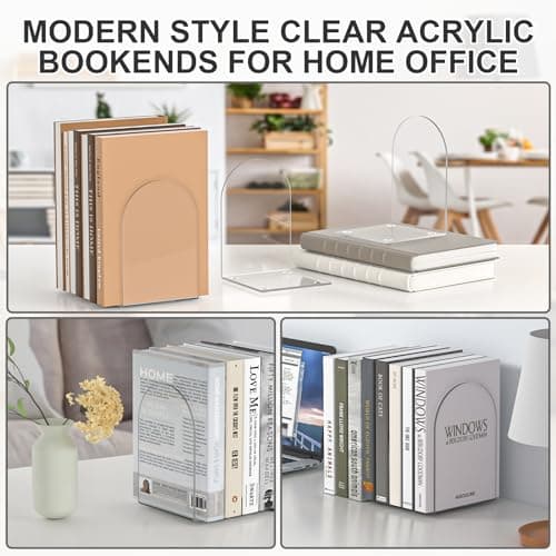 ALOTCHE Acrylic Bookends 4 Pieces, Clear Bookends for Shelves, Book Ends for Shelves and Desktop Organizer, Transparent Shelf Book Stopper to Hold Books for Home Office Supplies 7