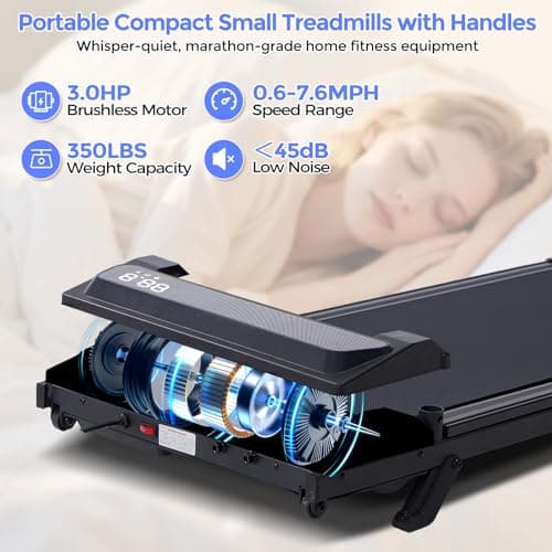 Electric Treadmills for Home with Incline, Walking Pad Treadmill with Handle Bar, 0.6-7.6MPH Portable Small Treadmills with Handles for Home Small Spaces, 3.0HP Walking Pad with Incline and 350LBS 6