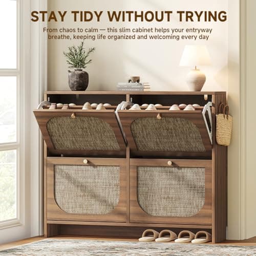 Nicetree Freestanding Ultra Slim Arched Rattan Accent Shoe Storage Cabinet for Entryway - 4 Flip Drawers & 3-Tier Adjustable Shelves, Farmhouse Modern Rustic Shoe Rack for Hallway, Foyer Oak 7