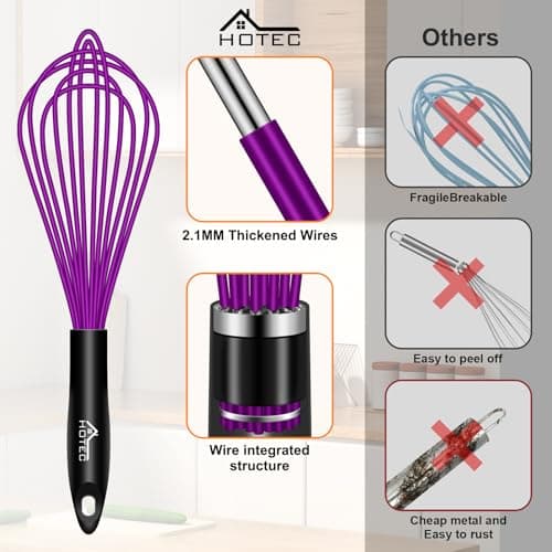 HOTEC 4 Pieces Silicone Whisks for Cooking, Wire Balloon Whisks Egg Beater, Non-slip Handle Whisk for Non-stick Cookware Perfect for Cooking, Stirring, Beating and Blending (Purple) 5