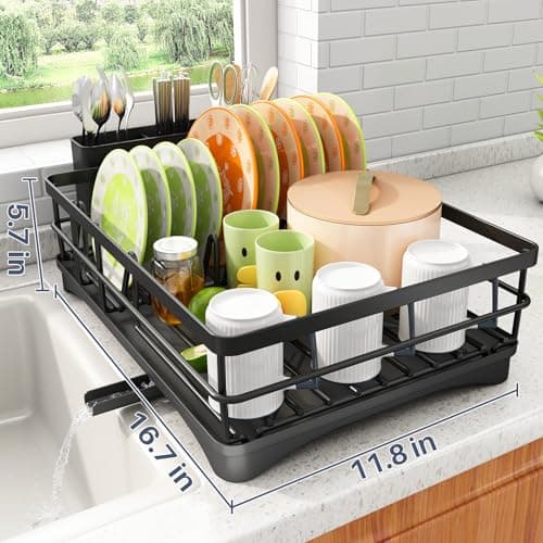 SAYZH Dish Drying Rack - Stainless Steel Dish Rack for Kitchen Counter, Large-Capacity Dish Drainer with Cutlery Holder, Kitchen Organizer for Dishes, Spoons and Forks, Black 5