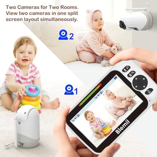 Blemil Upgrade Baby Monitor with 30-Hour Battery, 5" Large Split-Screen Video Baby Monitor with 2 Cameras and Audio, Remote Pan/Tilt/Zoom, Two-Way Talk, Room Temperature, Night Vision, 1000ft Range 8