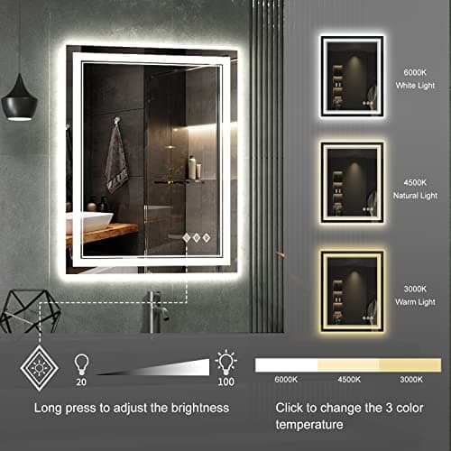 VanPokins LED Bathroom Mirror, 24x32 Inch Gradient Front and Backlit LED Mirror for Bathroom, 3 Colors Dimmable CRI>90 Double Lights, IP54 Enhanced Anti-Fog, Hanging Plates Vanity Mirror with Lights 5