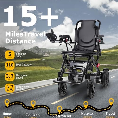 Adult Electric Wheelchair Lightweight Foldable Transport Chair Ultra Lightweight Folding (Only 48 lbs) 20+ Km Travel Distance (Black) for Limited Mobility 7