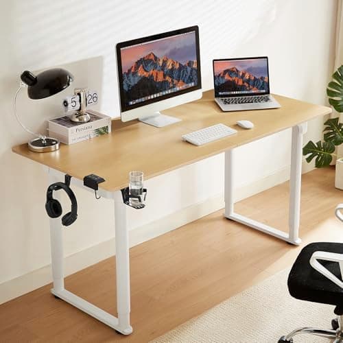 ONBRILL Electric Standing Desk, 63x30 Inches Rectangle Stand Up Desk with 4 Legs, Sit Stand by Memory Controller & Dual Motor, Adjustable Height from 28-46 Inches for Work Office Home, Oak Color
